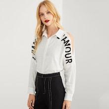 Shein Cutout Shoulder Lettering Shirt