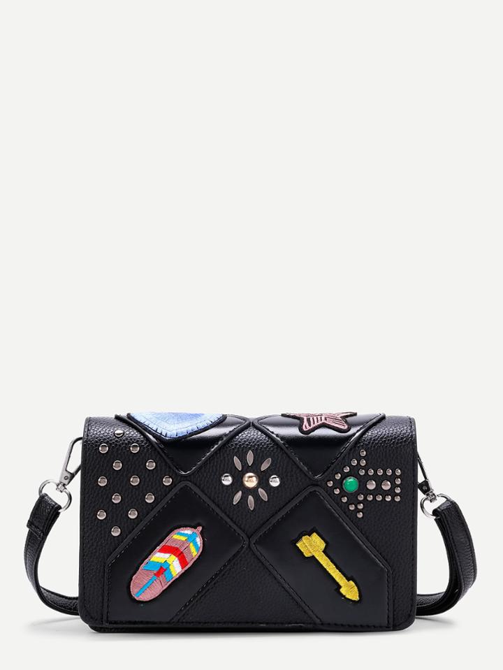 Shein Arrow Embroidery Pu Crossbody Bag With Studded