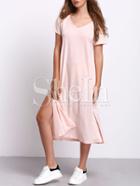 Shein Pink Short Sleeve Split Sides Casual Midi Dress