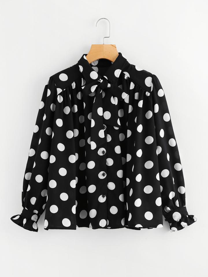 Shein Bow Tie Neck Ruffle Cuff Spot Shirt