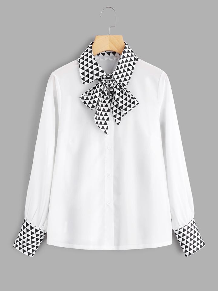 Shein Contrast Seamless Triangle Pattern Tie Neck Shirt