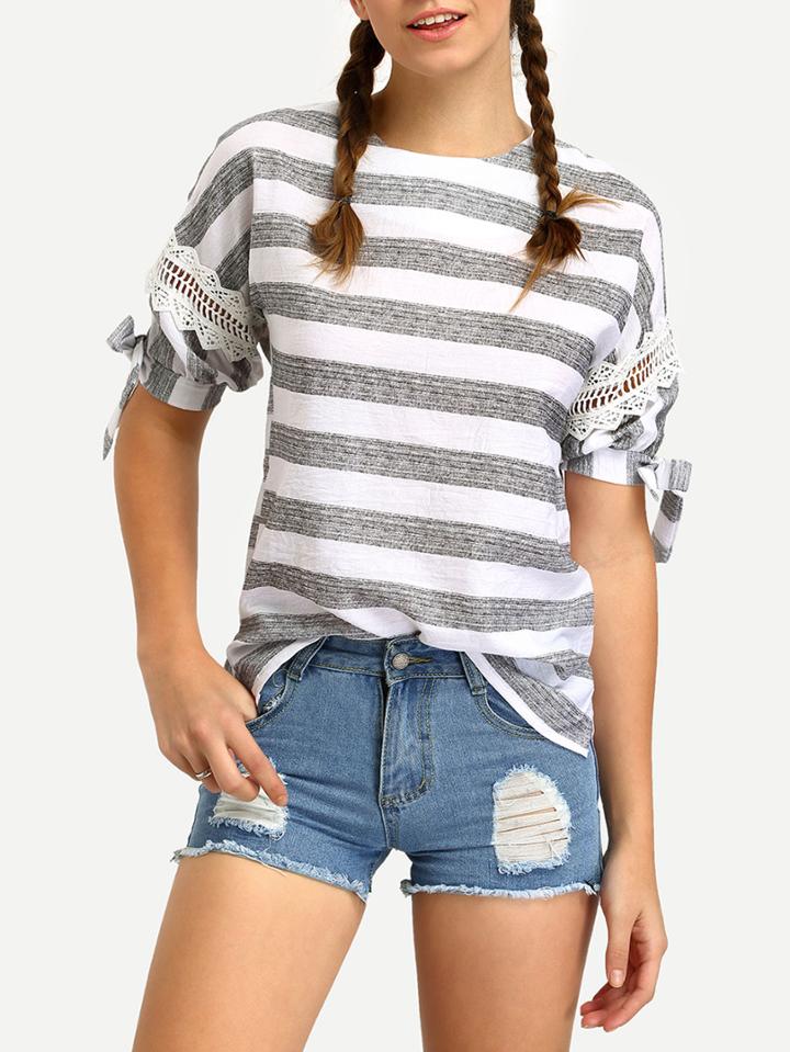Shein Striped Contrast Lace Bowknot Split T-shirt