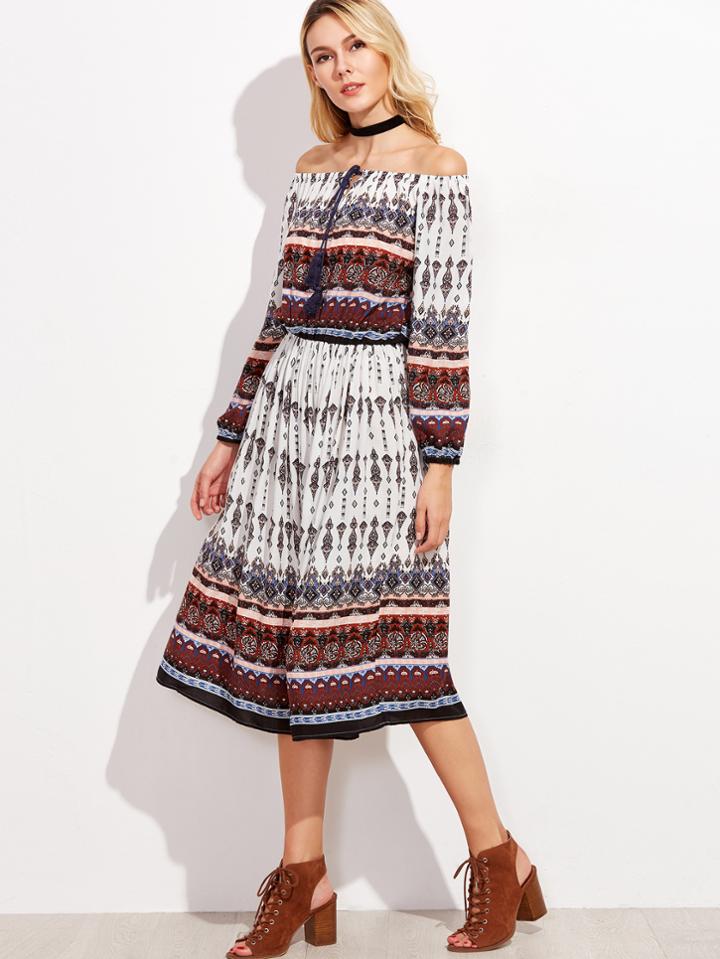 Shein Tribal Print Off The Shoulder Tassel Tie Dress