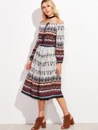 Shein Tribal Print Off The Shoulder Tassel Tie Dress