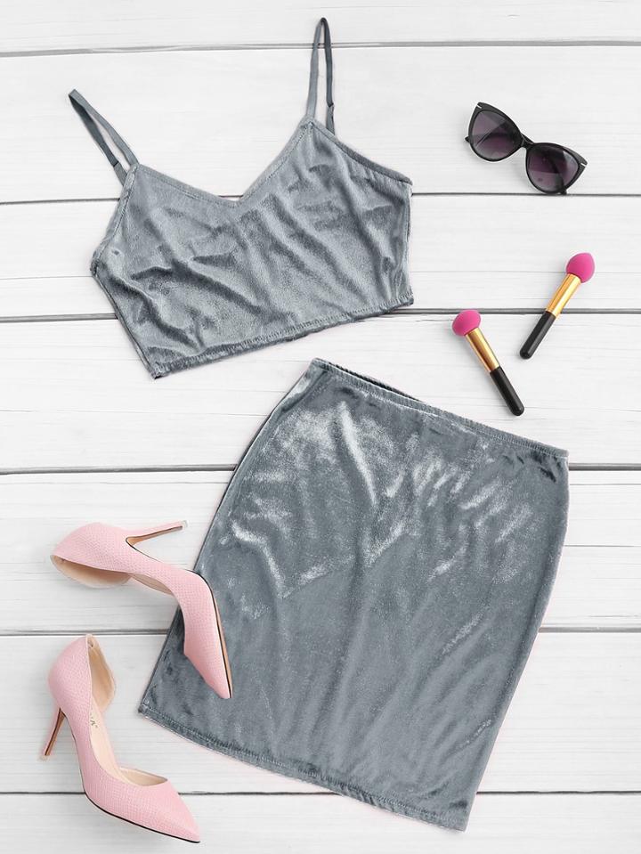 Shein Crop Velvet Cami Top And Skirt
