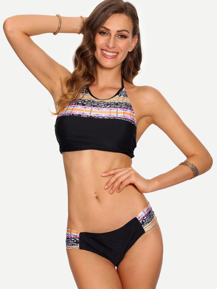 Shein Tribal Print Halter Neck Bikini Set - Black