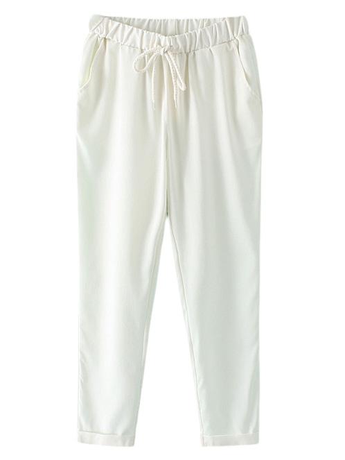 Shein White Pockets Elastic Tie-waist Linen Pants