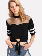 Shein Stripe Contrast Sleeve Knot Front Mesh Contrast Tee