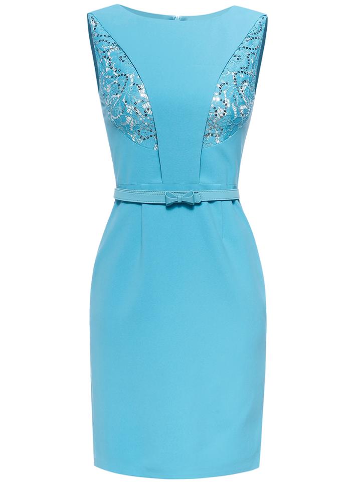 Shein Blue Sequined Contrast Lace Belted Sheath Dress