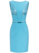 Shein Blue Sequined Contrast Lace Belted Sheath Dress