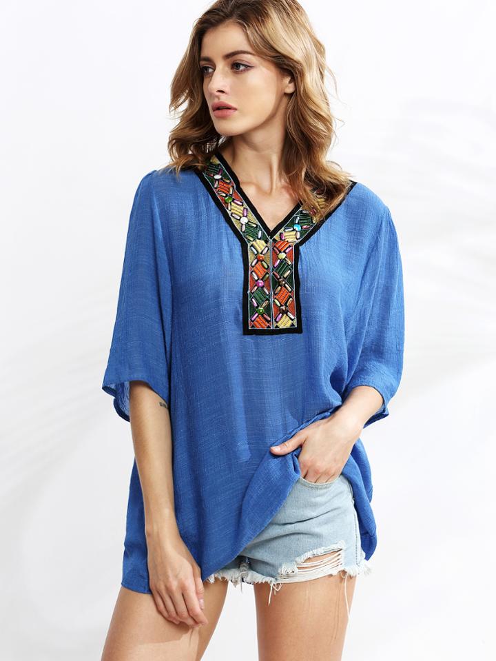 Shein Beaded Embroidered V Cut Blouse