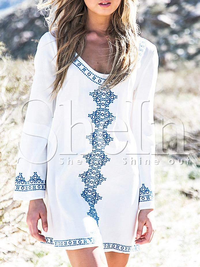 Shein White Scoop Neck Long Sleeve Print Dress