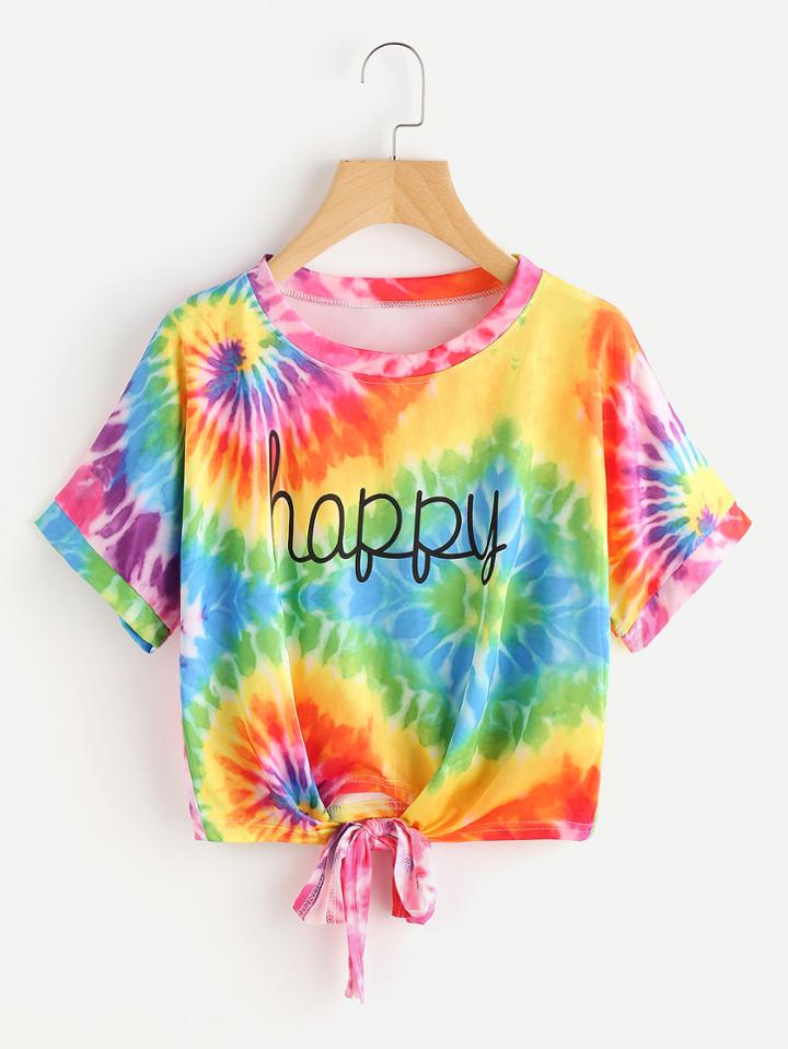 Shein Water Color Letter Print Knot Front Tee