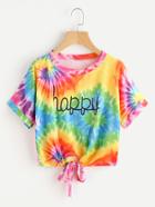 Shein Water Color Letter Print Knot Front Tee