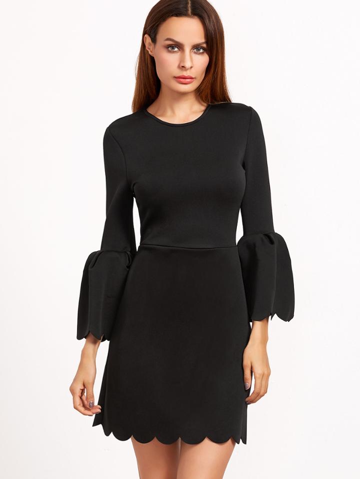 Shein Black Scalloped Trim Bell Cuff A Line Dress