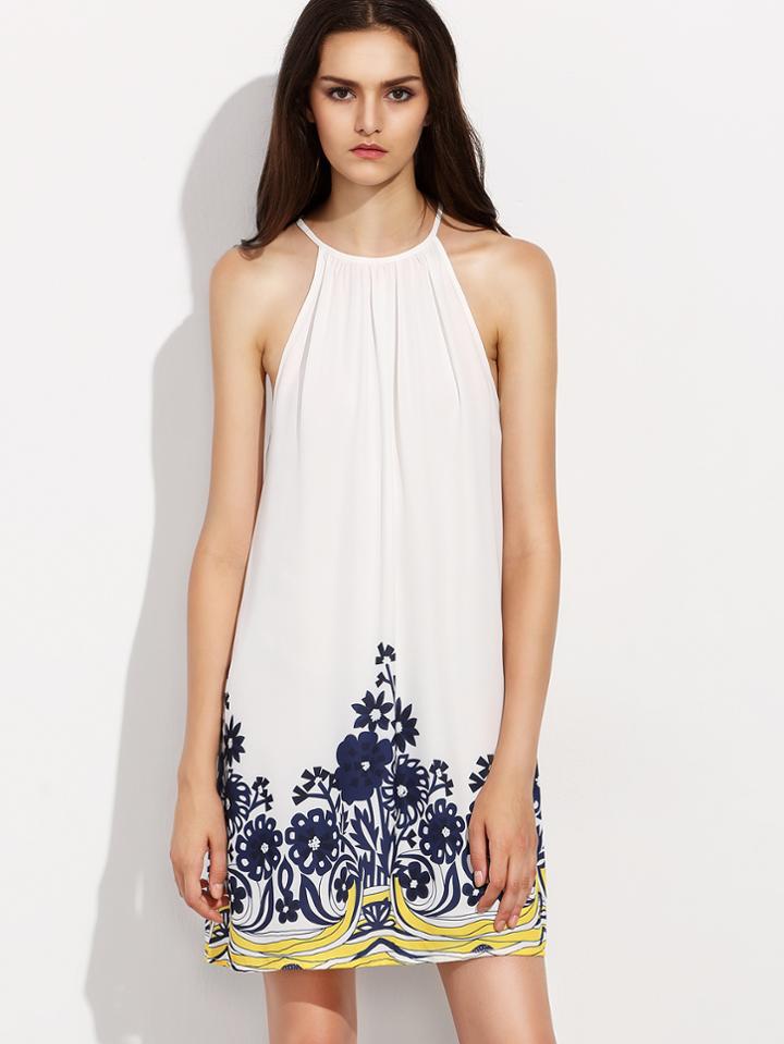 Shein Print In White Sleeveless Shift Dress