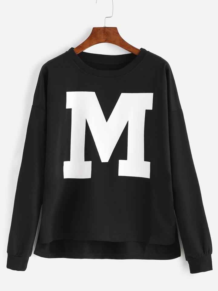 Shein Black Letter Print Drop Shoulder Dip Hem Sweatshirt
