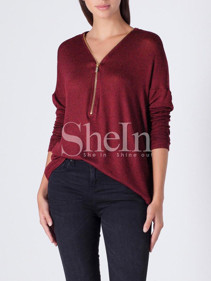 Shein Burgundy V Neck Zipper T-shirt
