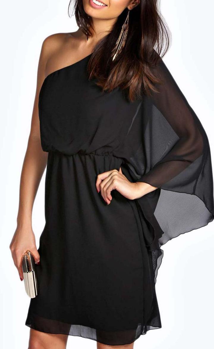 Shein Black One Shoulder Asymmetrical Chiffon Dress