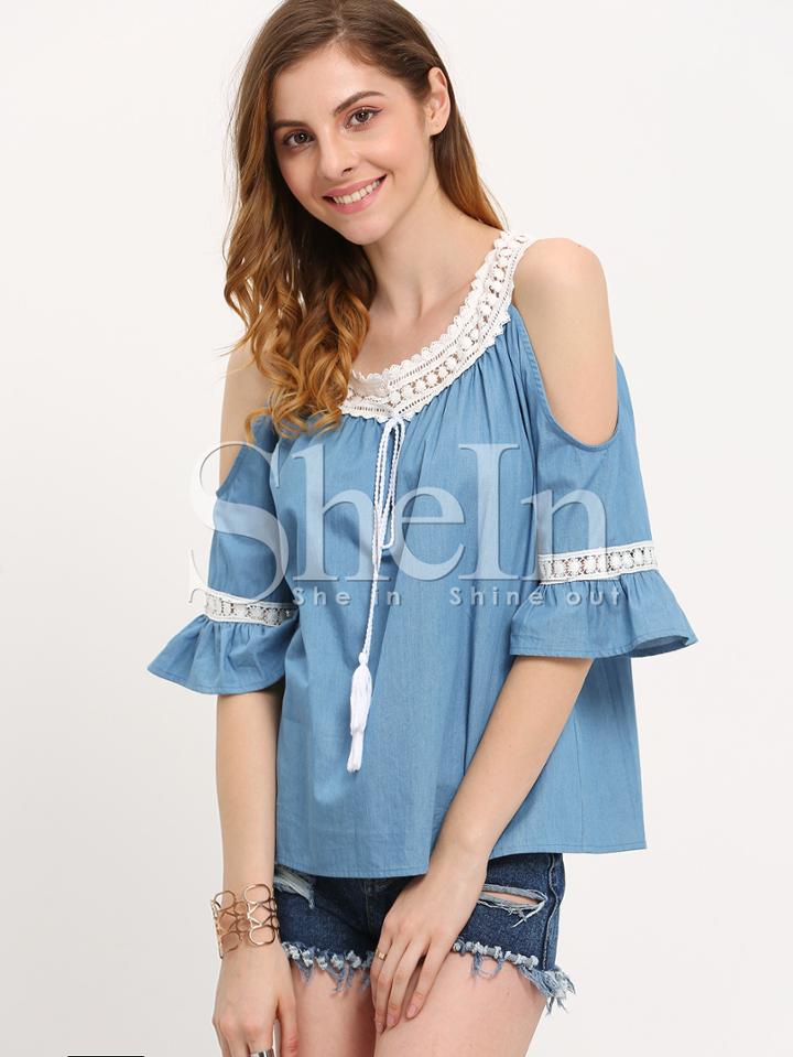 Shein Blue Cold Shoulder Half Sleeve Tassel Blouse