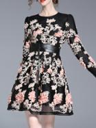 Shein Black Flowes Applique Tie-waist Mesh Dress