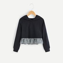 Shein Girls Contrast Gingham Ruffle Hem Hoodie