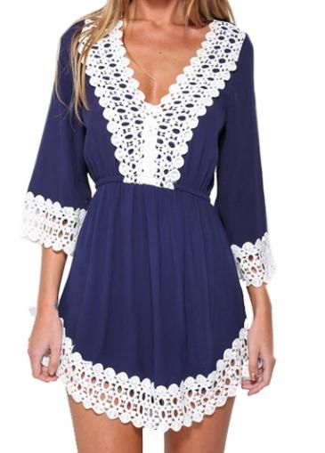 Rosewe Lace Patchwork V Neck Asymmetric Mini Dress