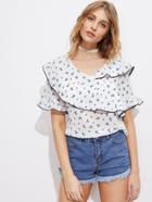 Shein Contrast Binding Calico Print Frill Blouse