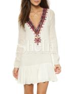 Shein Beige Long Sleeve V Neck Embroidered Dress