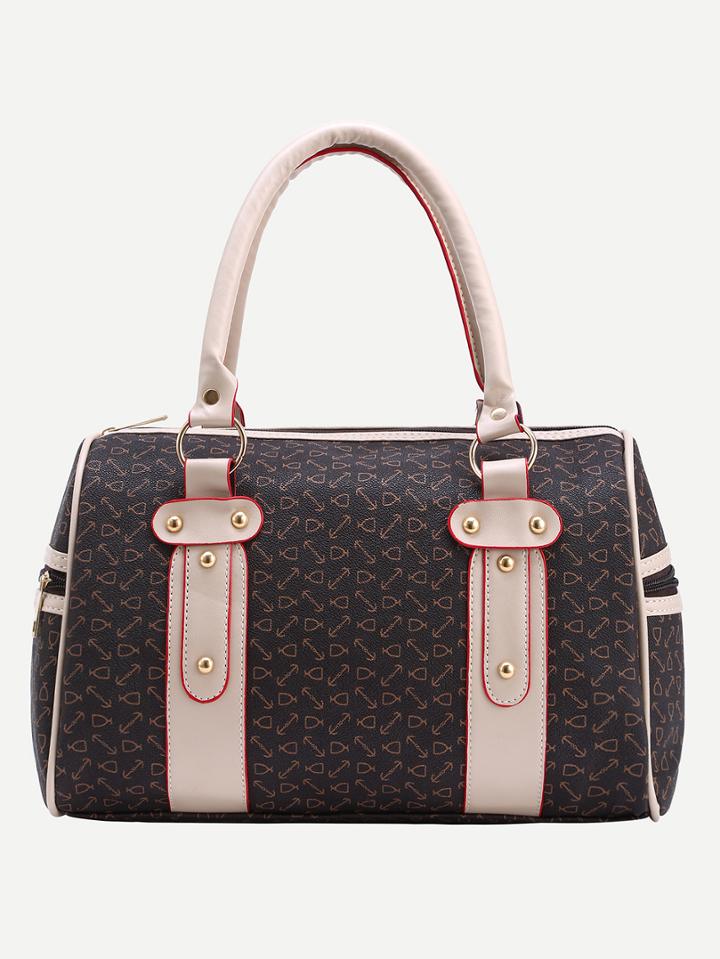 Shein Brown Graphic Print Contrast Handle Tote