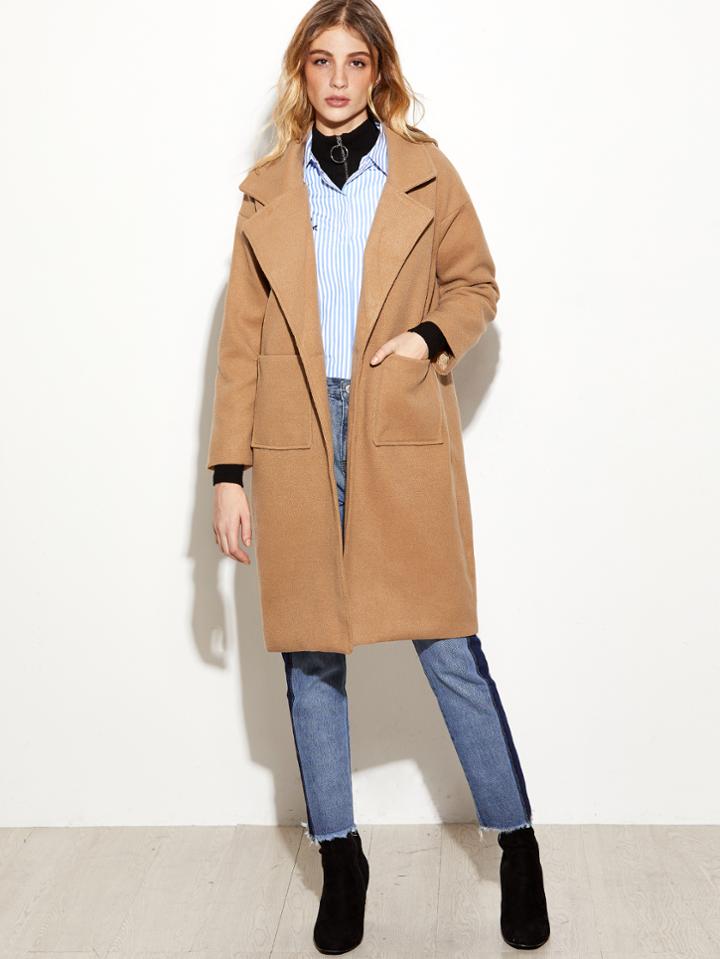 Shein Camel Drop Shoulder Single Button Pockets Coat