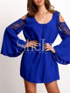 Shein Navy Cold Shoulder Hollow Bell Sleeve Pleated Dress