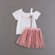 Shein Girls Letter Print Tee With Pleated Skirt