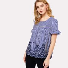 Shein Ruffle Sleeve Eyelet Embroidered Scallop Hem Top