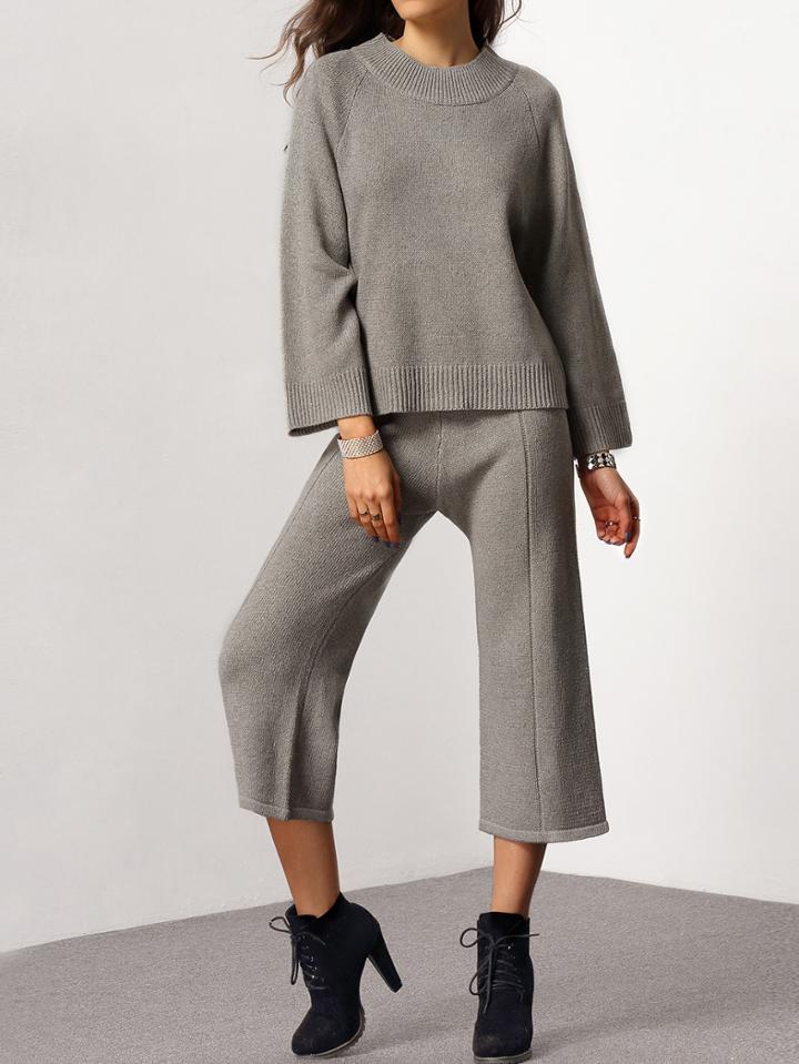 Shein Grey Mock Neck Loose Knitwear With Wide Leg Crop Pant