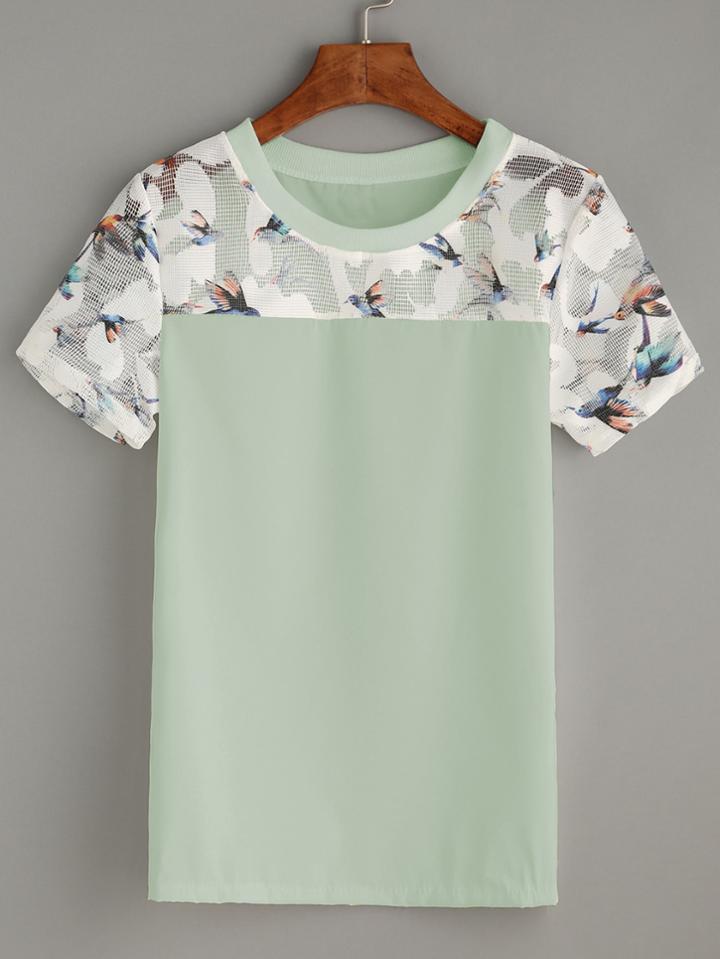 Shein Contrast Bird Print Mesh Yoke Top