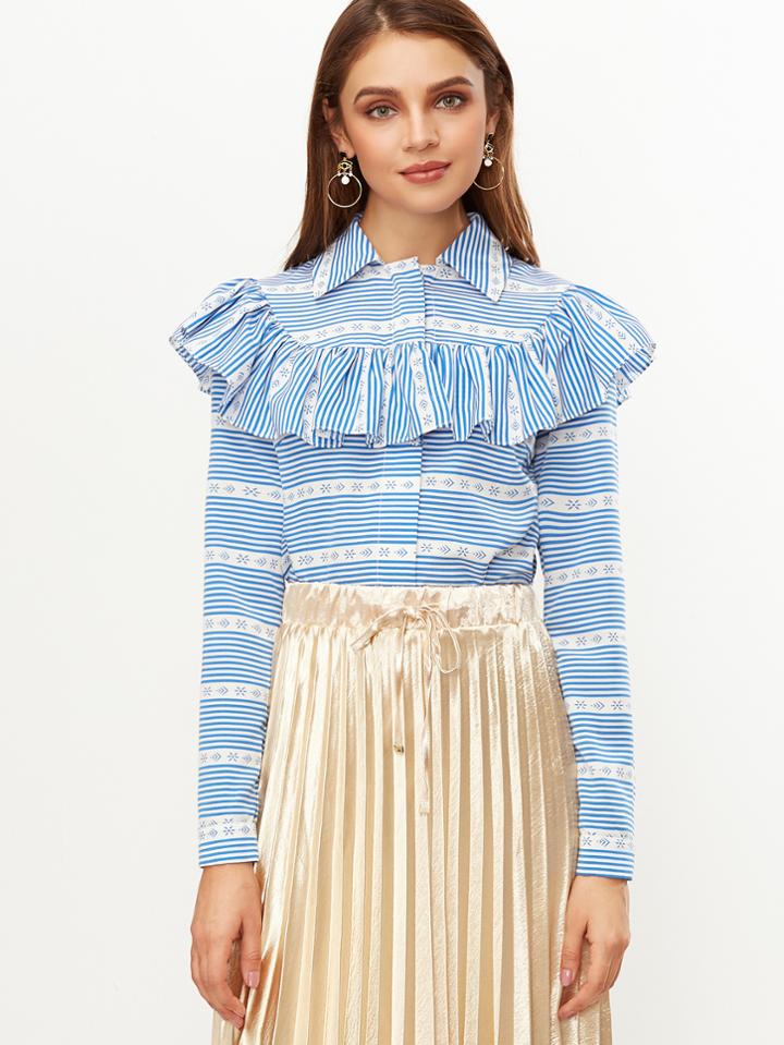 Shein Blue And White Striped Ruffle Trim Blouse