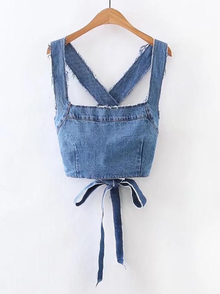 Shein Frayed Detail Criss Cross Back Denim Top