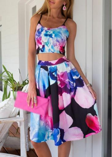 Rosewe Backless Crop Top And Printed A Line Skirt