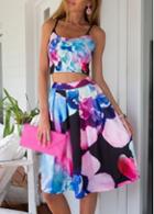 Rosewe Backless Crop Top And Printed A Line Skirt