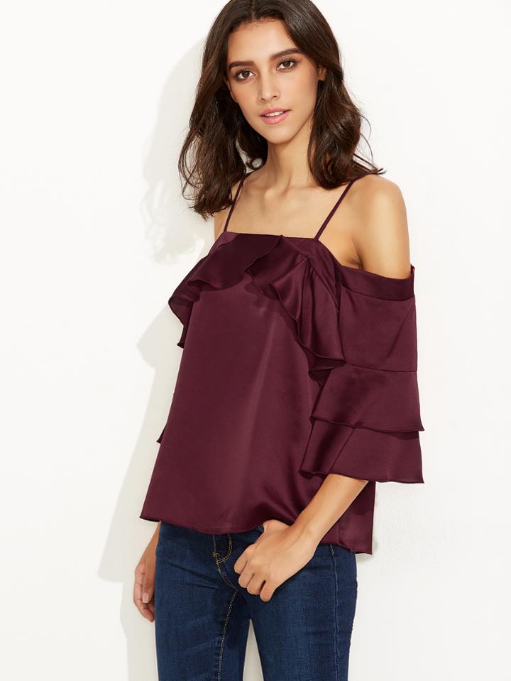 Shein Burgundy Tiered Sleeve Cold Shoulder Ruffle Top