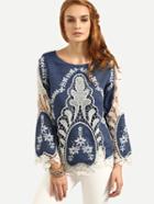Shein Navy Hollow Embroidered Long Sleeve Blouse