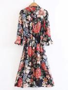 Shein Floral Print Ruffle Cuff Tie Detail Dress