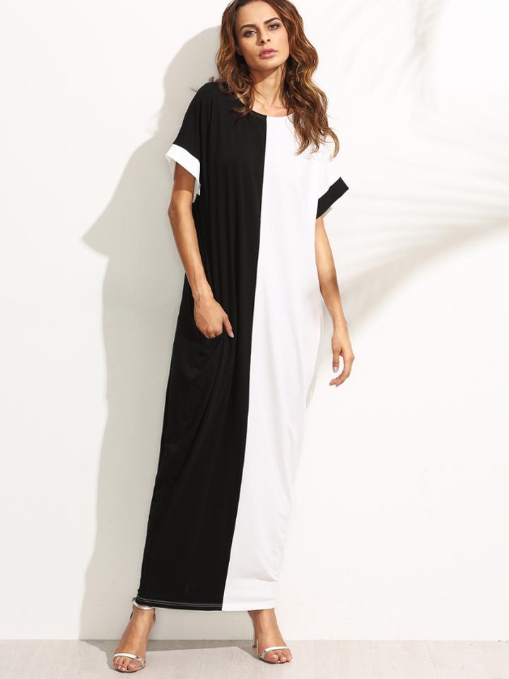 Shein Colorblock Pocket Short Sleeve Maxi Dress