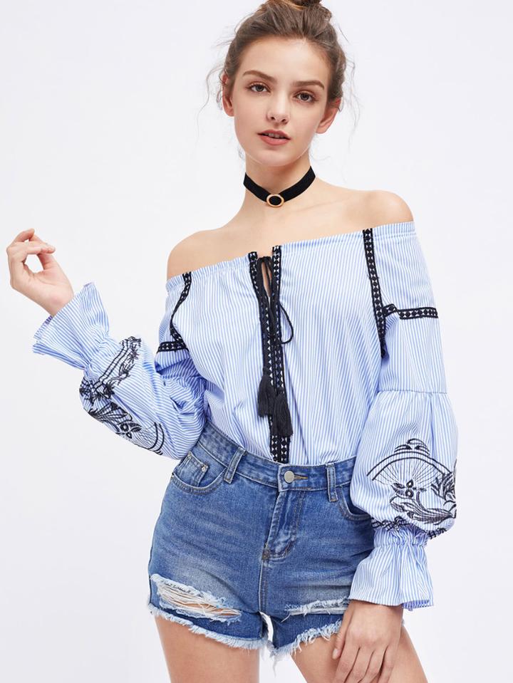 Shein Pinstripe Embroidered Tassel Tie Front Lantern Sleeve Top