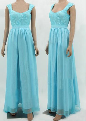 Rosewe Lace Panel High Waist Sky Blue Maxi Dress