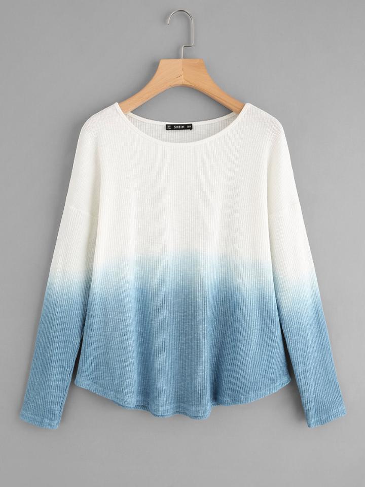 Shein Rib Knit Curved Hem Ombre T-shirt