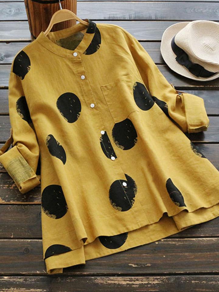 Shein Rolled Sleeve Polka Dot Dip Hem Shirt