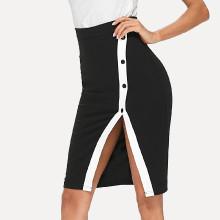 Shein Buttoned Contrast Panel Split Pencil Skirt
