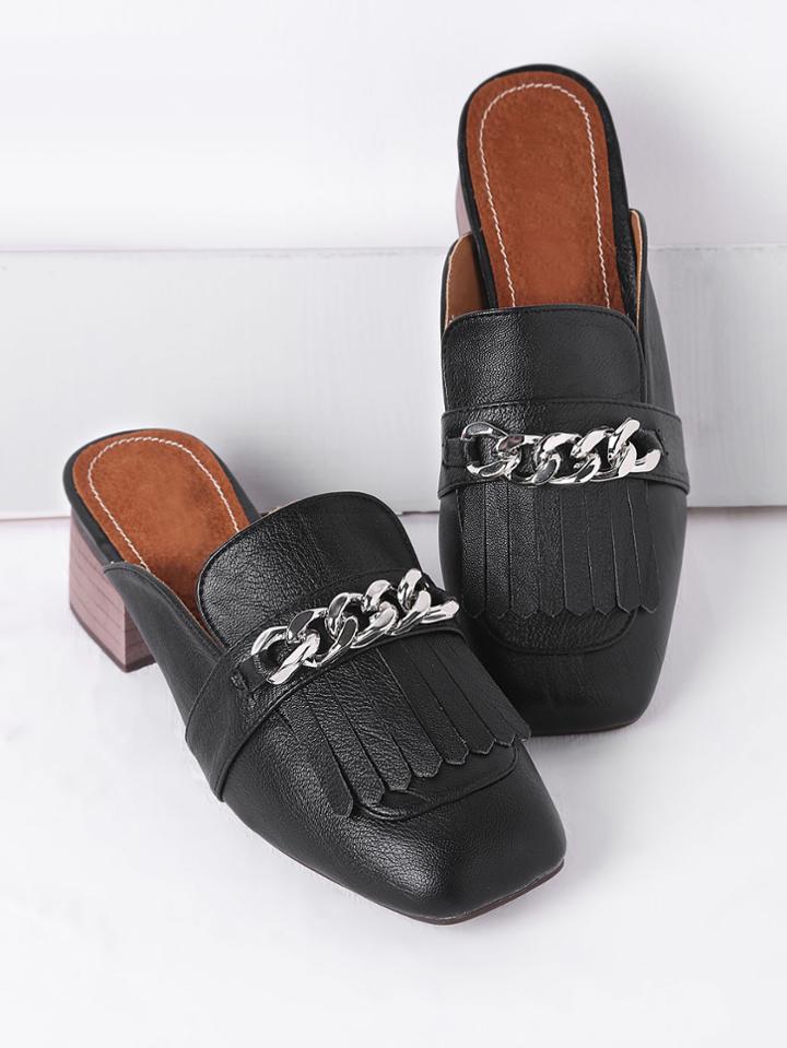 Shein Black Fringe Detail Chunky Heeled Slip On Shoes